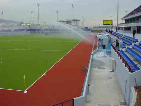 Nelson Irrigation's Big Gun® sprinkler watering synthetic turf at the Olympic field in Greece