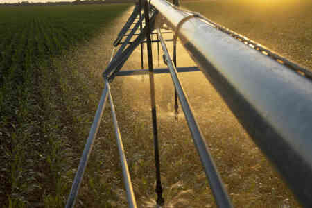 Nelson Orbitor FX center pivot sprinkler irrigating Nebraska Corn