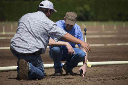 Nelson territory manager inspecting the soil at an R2000WF sprinkler installation